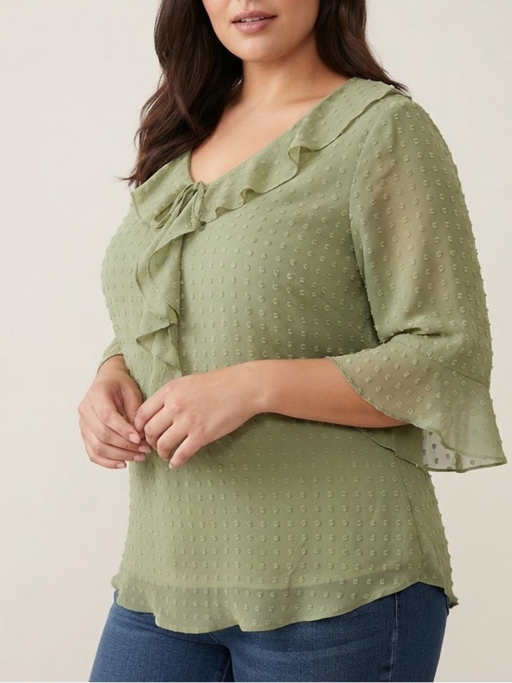 Dressbarn Olive Green Ruffle Swiss Dot V-Neckline Blouse Plus Size 1X XL